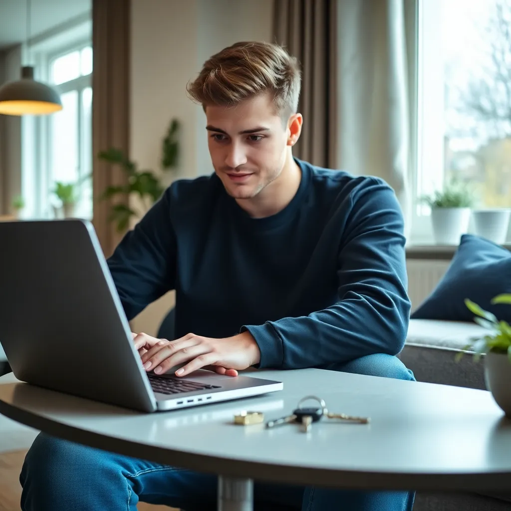 Millennial kijkt peinzend naar huizenwebsite op laptop met huizensleutels ernaast