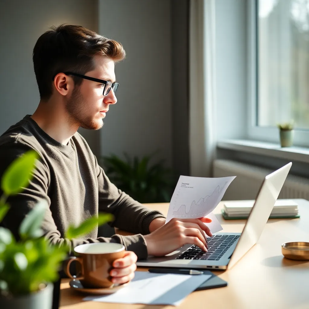 Jonge professional die op laptop pensioenstrategie plant