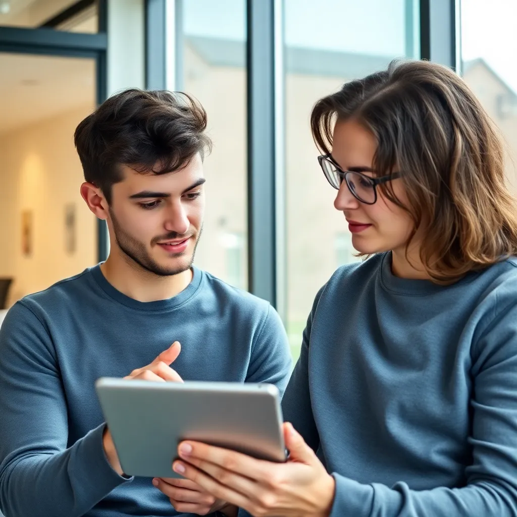 Jong stel dat samen hun pensioenopties bekijkt op een tablet